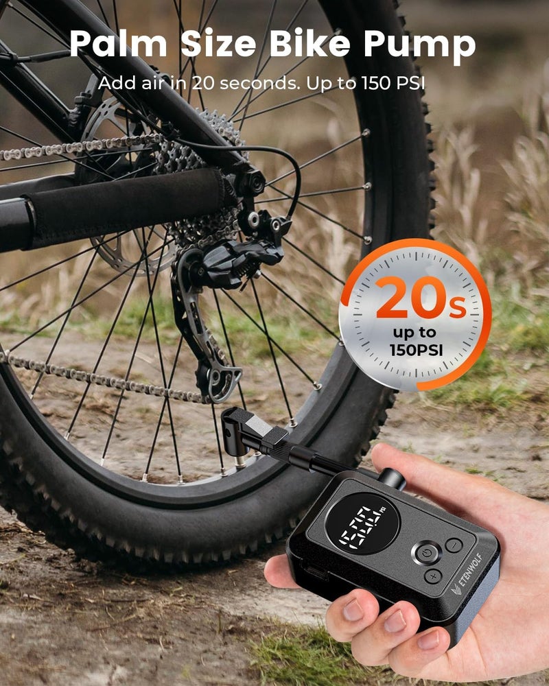 ETENWOLF Mini Bike Pump,20s Fast Inflate Bicycle Pump with Guage,150PSI Portable Electric Bike Air Pump with Presta and Schrader Valve for Mountain Bike,Road Bike,Motorcycle,Car,Sport Ball - Image 2